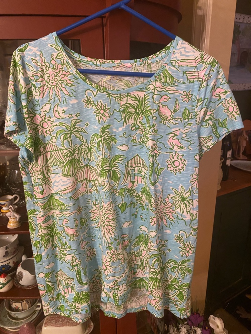 Tropical Print Short Sleeve Tee in Light Blue, Pink & Green